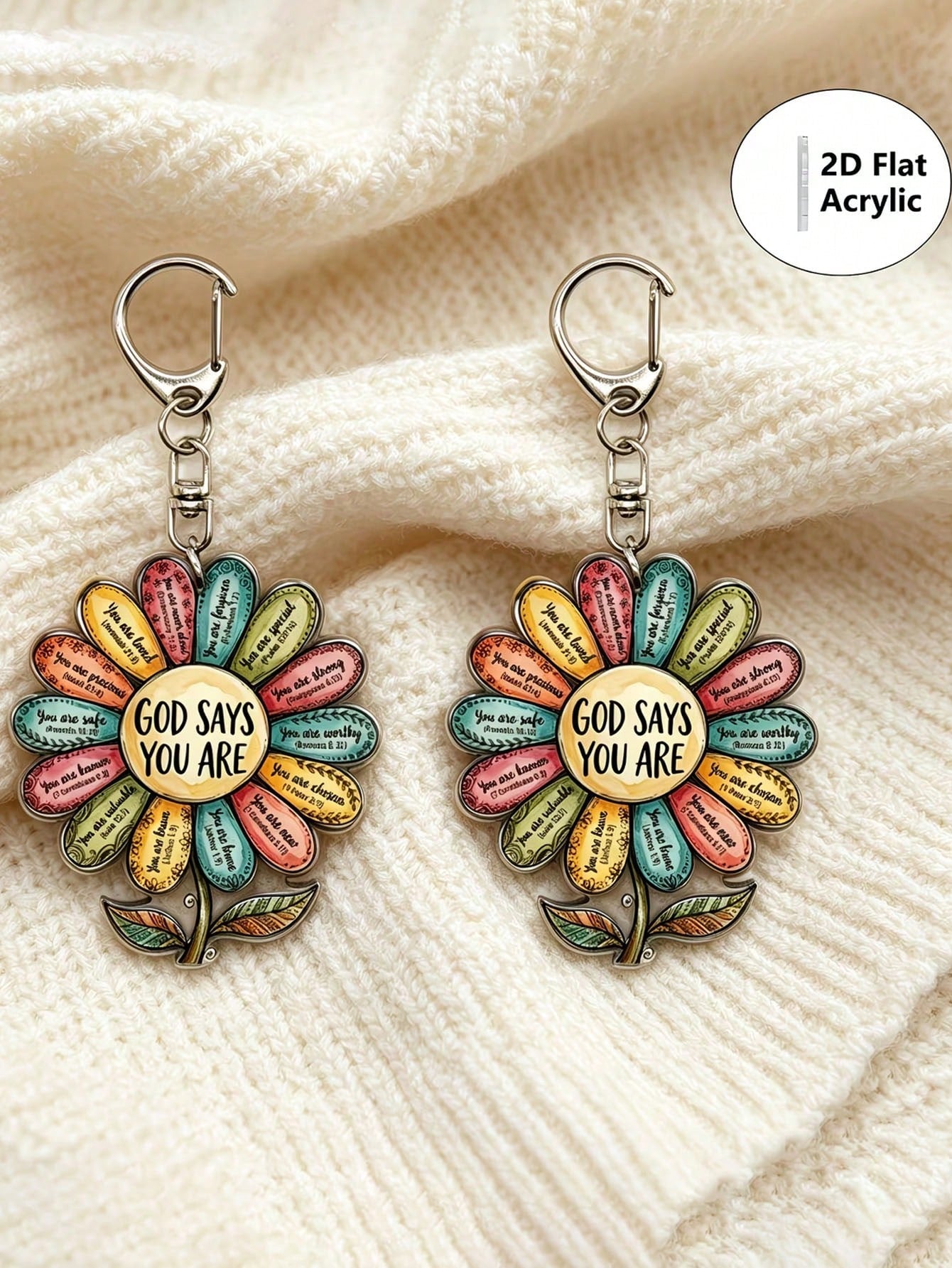 2D Flat Single Piece "God Says You Are" Flower Acrylic Keychain, Bible Verse Pendant Key Chain, Inspirational Bag Decoration, Gift For Fans