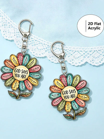 2D Flat Single Piece "God Says You Are" Flower Acrylic Keychain, Bible Verse Pendant Key Chain, Inspirational Bag Decoration, Gift For Fans