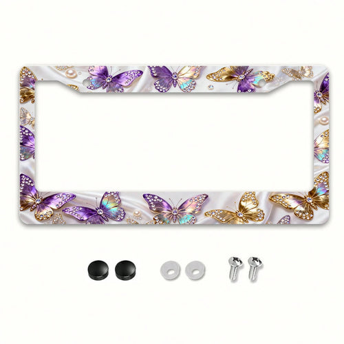 2D Flat Surface Is Only For Decoration, Metal Aluminum License Plate Frame| Diamond-Embellished Butterfly Dance Pattern, Exquisite And Stylish Car Decoration Accessory, Suitable For North America A