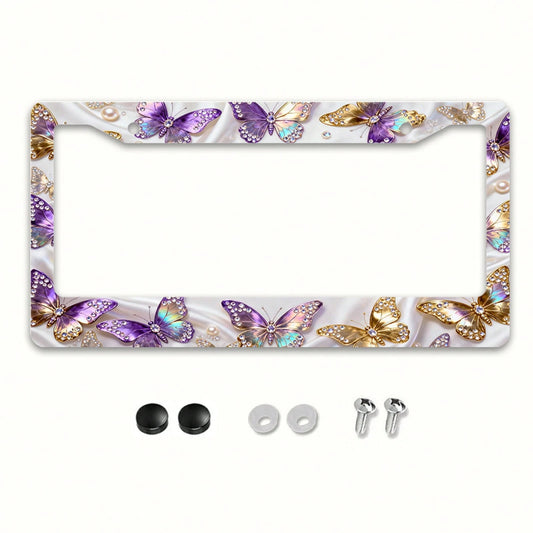 2D Flat Surface Is Only For Decoration, Metal Aluminum License Plate Frame| Diamond-Embellished Butterfly Dance Pattern, Exquisite And Stylish Car Decoration Accessory, Suitable For North America A
