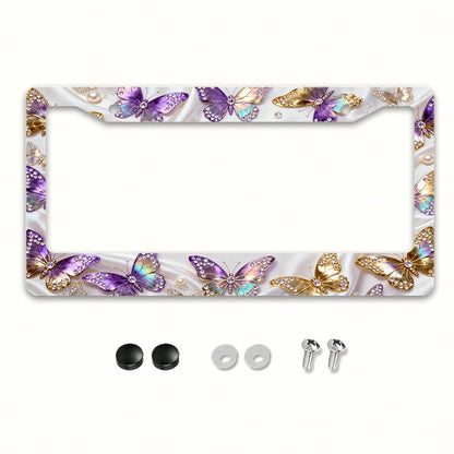 2D Flat Surface Is Only For Decoration, Metal Aluminum License Plate Frame| Diamond-Embellished Butterfly Dance Pattern, Exquisite And Stylish Car Decoration Accessory, Suitable For North America A