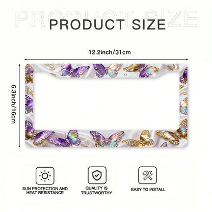2D Flat Surface Is Only For Decoration, Metal Aluminum License Plate Frame| Diamond-Embellished Butterfly Dance Pattern, Exquisite And Stylish Car Decoration Accessory, Suitable For North America A
