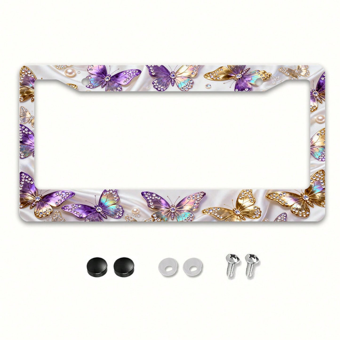 2D Flat Surface Is Only For Decoration, Metal Aluminum License Plate Frame| Diamond-Embellished Butterfly Dance Pattern, Exquisite And Stylish Car Decoration Accessory, Suitable For North America A