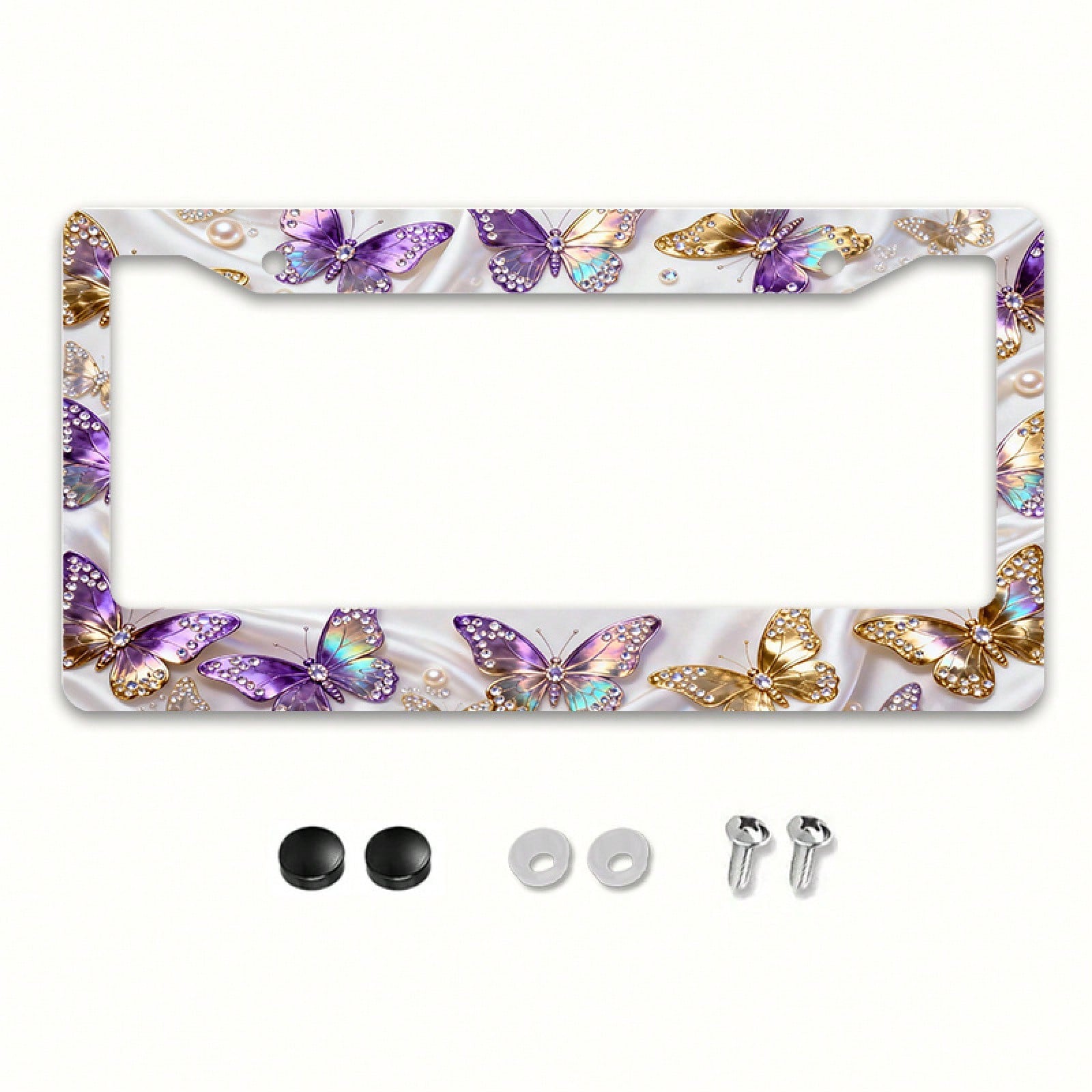 2D Flat Surface Is Only For Decoration, Metal Aluminum License Plate Frame| Diamond-Embellished Butterfly Dance Pattern, Exquisite And Stylish Car Decoration Accessory, Suitable For North America A