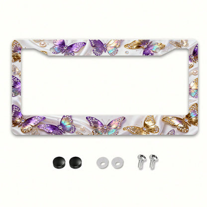 2D Flat Surface Is Only For Decoration, Metal Aluminum License Plate Frame| Diamond-Embellished Butterfly Dance Pattern, Exquisite And Stylish Car Decoration Accessory, Suitable For North America A