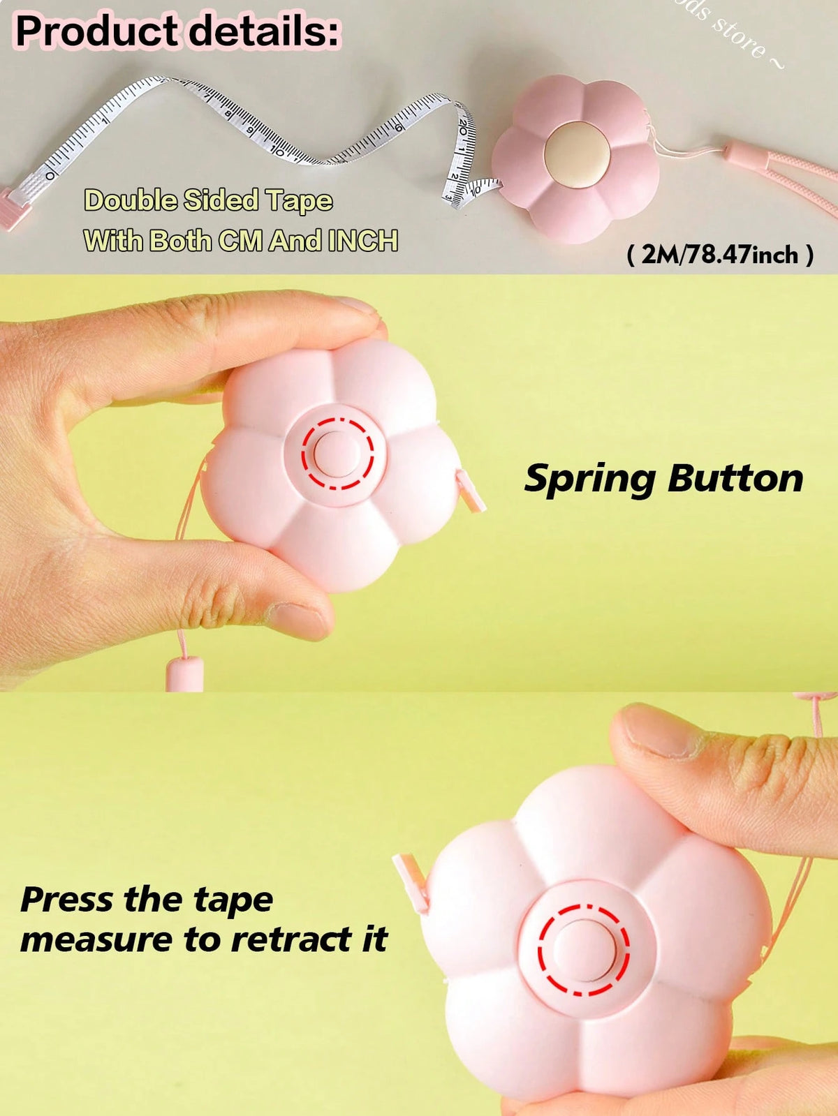 (2M) Cute Flower Soft Retractable Tape Measure, Waist/Height Measurement, With Lanyard And Button, Double-Sided CM/Inch Scale, Portable Emergency Solution, Suitable For Sewing And Body Measurement Wai
