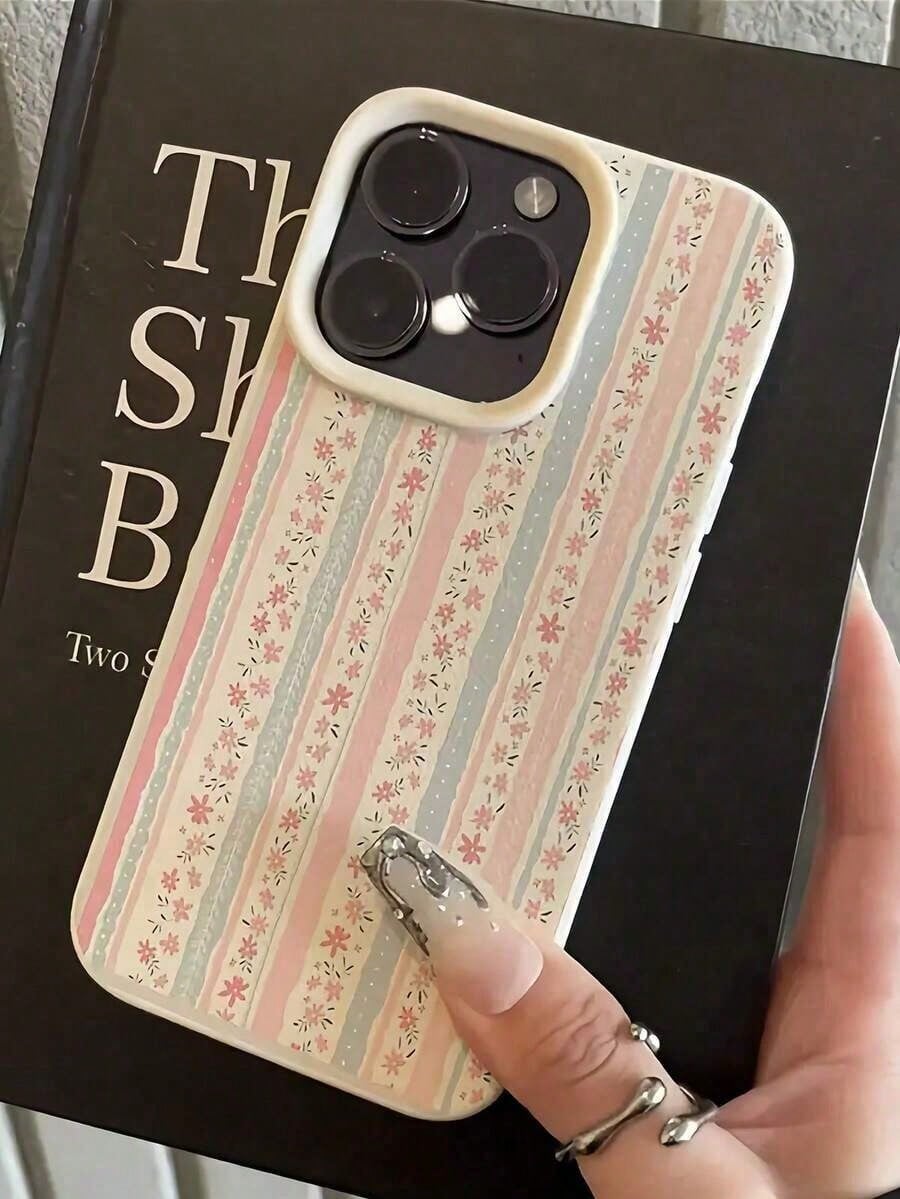 2pc White Floral Blue & Pink Striped Minimalist Pattern Full Coverage TPU Shockproof Phone Case Suitable For IPhone17/IPhone17 Air/IPhone17 Pro/IPhone17 Pro Max/16 Pro Max/15 Pro Max/14 Pro Max/13 Pro