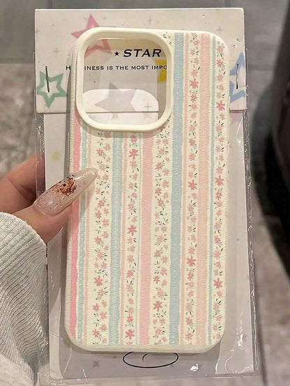 2pc White Floral Blue & Pink Striped Minimalist Pattern Full Coverage TPU Shockproof Phone Case Suitable For IPhone17/IPhone17 Air/IPhone17 Pro/IPhone17 Pro Max/16 Pro Max/15 Pro Max/14 Pro Max/13 Pro
