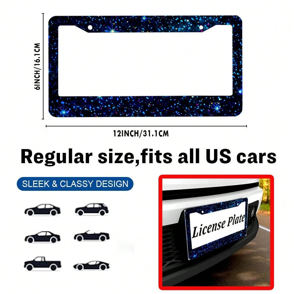 2PC,Blue Space Style License Plate Frame Stainless Steel Rust-Proof Auto Parts License Plate Decorative Screws Fit Standard 2 Holes U.S. License Plate, 12.2x 6.3 Inch