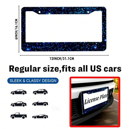 2PC,Blue Space Style License Plate Frame Stainless Steel Rust-Proof Auto Parts License Plate Decorative Screws Fit Standard 2 Holes U.S. License Plate, 12.2x 6.3 Inch