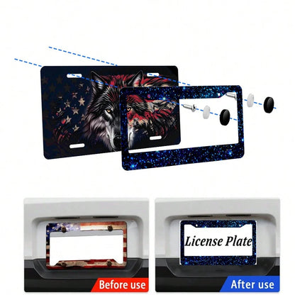 2PC,Blue Space Style License Plate Frame Stainless Steel Rust-Proof Auto Parts License Plate Decorative Screws Fit Standard 2 Holes U.S. License Plate, 12.2x 6.3 Inch