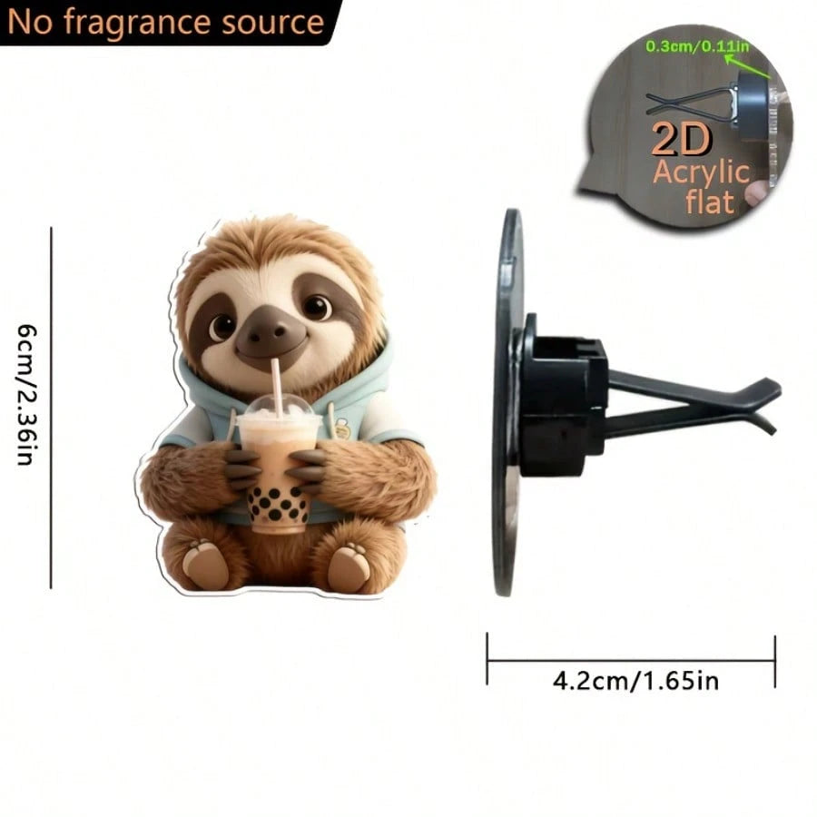 2pcs 2D Flat Sloth Wearing Hoodie Drinking Bubble Tea Air Vent Clip Decoration, "No Fragrance Included", With Dual Unscented Sponge Pads, "Fragrance Diffuser", No Fragrance Source, 2D Acrylic Luxury C
