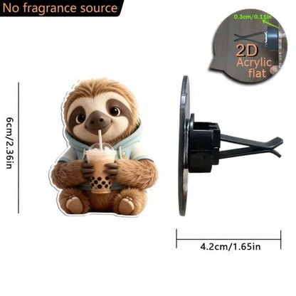 2pcs 2D Flat Sloth Wearing Hoodie Drinking Bubble Tea Air Vent Clip Decoration, "No Fragrance Included", With Dual Unscented Sponge Pads, "Fragrance Diffuser", No Fragrance Source, 2D Acrylic Luxury C