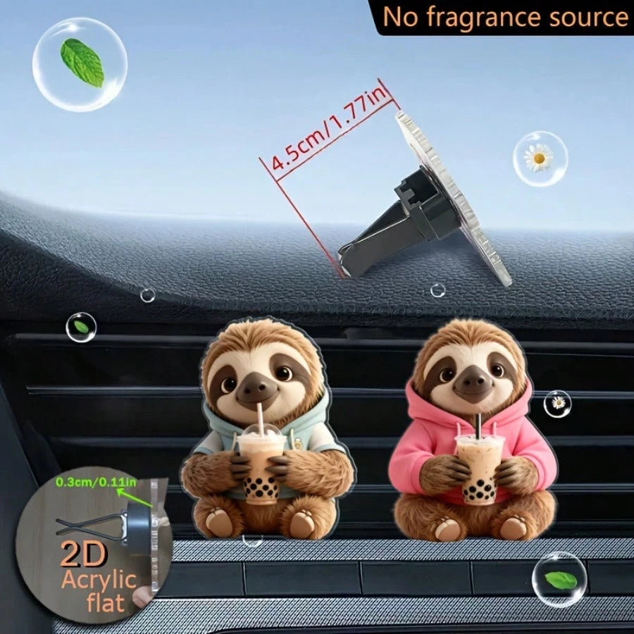 2pcs 2D Flat Sloth Wearing Hoodie Drinking Bubble Tea Air Vent Clip Decoration, "No Fragrance Included", With Dual Unscented Sponge Pads, "Fragrance Diffuser", No Fragrance Source, 2D Acrylic Luxury C