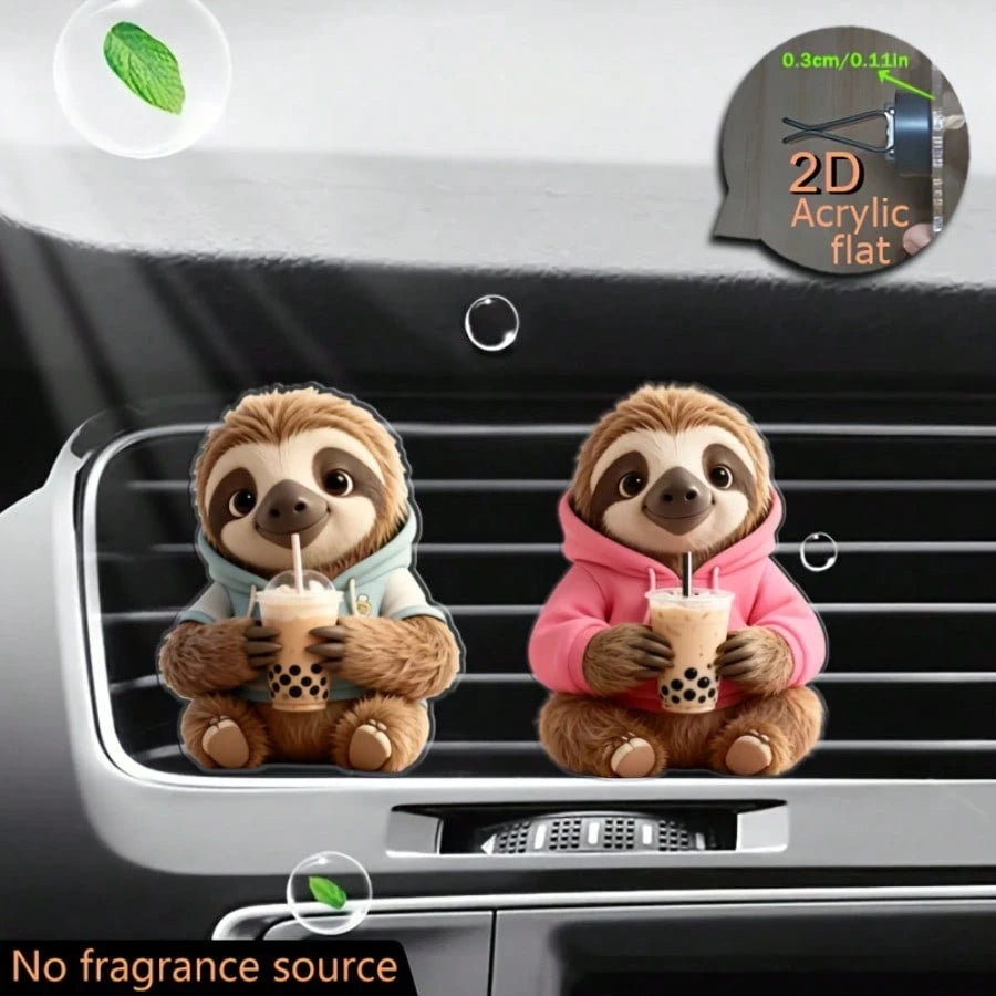 2pcs 2D Flat Sloth Wearing Hoodie Drinking Bubble Tea Air Vent Clip Decoration, "No Fragrance Included", With Dual Unscented Sponge Pads, "Fragrance Diffuser", No Fragrance Source, 2D Acrylic Luxury C