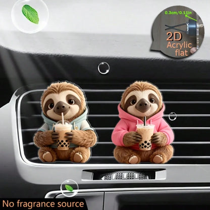 2pcs 2D Flat Sloth Wearing Hoodie Drinking Bubble Tea Air Vent Clip Decoration, "No Fragrance Included", With Dual Unscented Sponge Pads, "Fragrance Diffuser", No Fragrance Source, 2D Acrylic Luxury C
