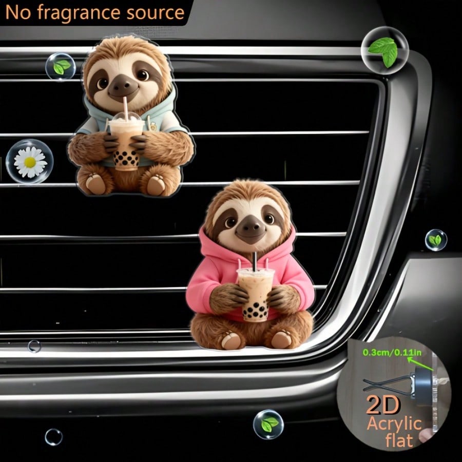 2pcs 2D Flat Sloth Wearing Hoodie Drinking Bubble Tea Air Vent Clip Decoration, "No Fragrance Included", With Dual Unscented Sponge Pads, "Fragrance Diffuser", No Fragrance Source, 2D Acrylic Luxury C