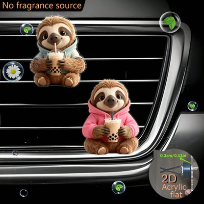 2pcs 2D Flat Sloth Wearing Hoodie Drinking Bubble Tea Air Vent Clip Decoration, "No Fragrance Included", With Dual Unscented Sponge Pads, "Fragrance Diffuser", No Fragrance Source, 2D Acrylic Luxury C