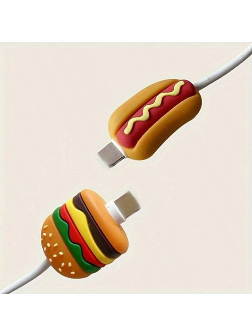 2pcs/4pcs Burger Hot Dog Cable Protection Cover Cartoon Anti-Break, Charging Cable Protection Cover