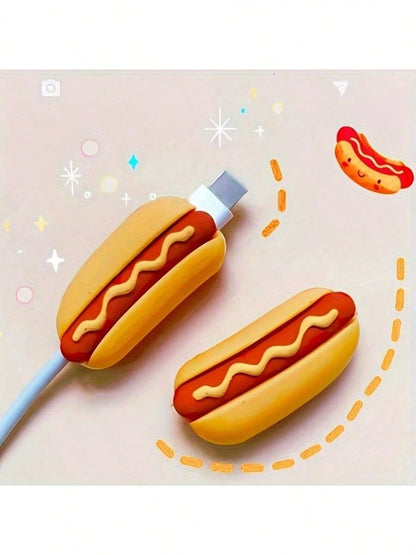 2pcs/4pcs Burger Hot Dog Cable Protection Cover Cartoon Anti-Break, Charging Cable Protection Cover