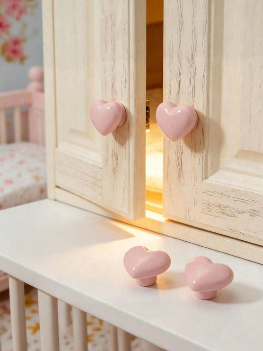 2pcs/4pcs Heart-Shaped Ceramic Knobs, Cute Pink Single-Hole Drawer Pulls For Room Wardrobe Doors