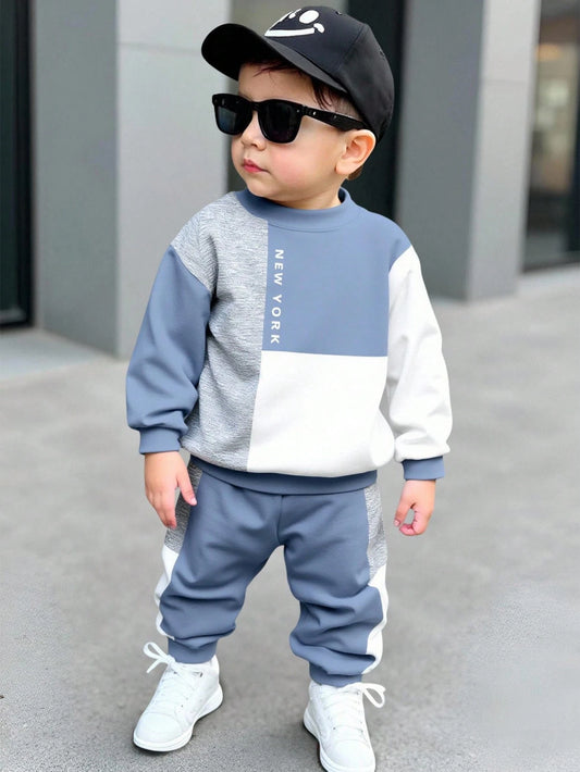2pcs Baby Boy Color Block Letter Print Crew Neck Long Sleeve Autumn Winter Top And Pants Casual Outfit