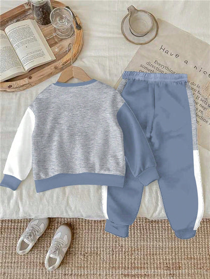 2pcs Baby Boy Color Block Letter Print Crew Neck Long Sleeve Autumn Winter Top And Pants Casual Outfit