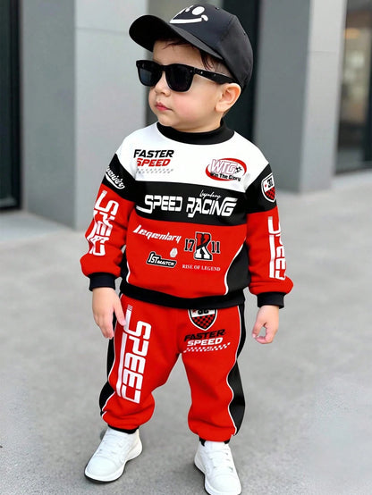 2pcs Baby Boy Color Block Letter Print Crew Neck Long Sleeve Autumn Winter Top And Pants Casual Outfit
