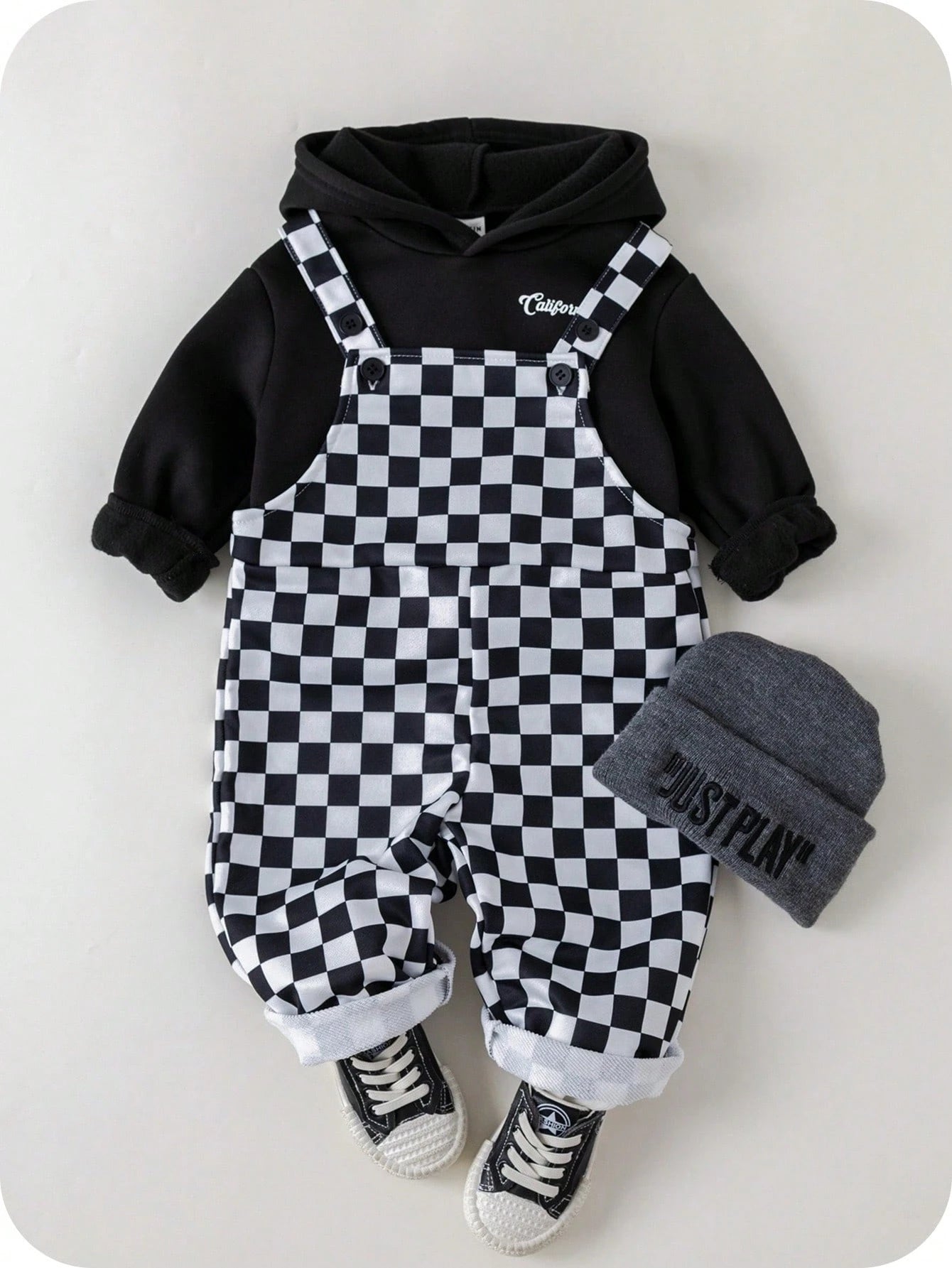 2pcs Baby Boy/Girl Black And White Checkered Autumn Outfit,Street Life Casual Graphic Street Fashion Matching Family Bear Knit Hoodie & Pants Set