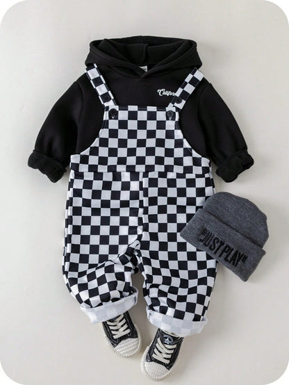 2pcs Baby Boy/Girl Black And White Checkered Autumn Outfit,Street Life Casual Graphic Street Fashion Matching Family Bear Knit Hoodie & Pants Set