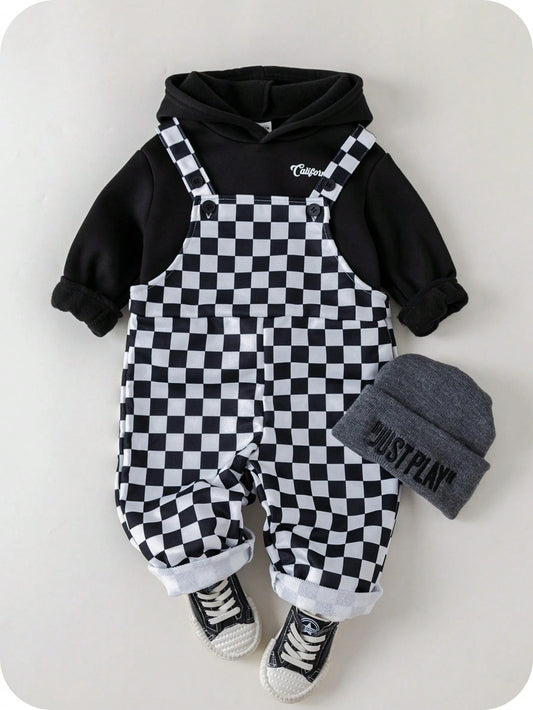 2pcs Baby Boy/Girl Black And White Checkered Autumn Outfit,Street Life Casual Graphic Street Fashion Matching Family Bear Knit Hoodie & Pants Set