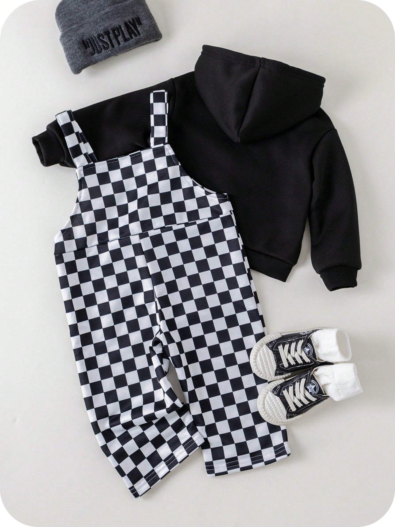 2pcs Baby Boy/Girl Black And White Checkered Autumn Outfit,Street Life Casual Graphic Street Fashion Matching Family Bear Knit Hoodie & Pants Set