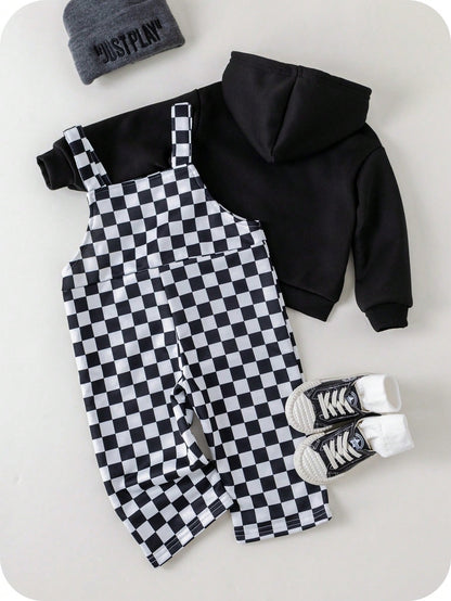 2pcs Baby Boy/Girl Black And White Checkered Autumn Outfit,Street Life Casual Graphic Street Fashion Matching Family Bear Knit Hoodie & Pants Set