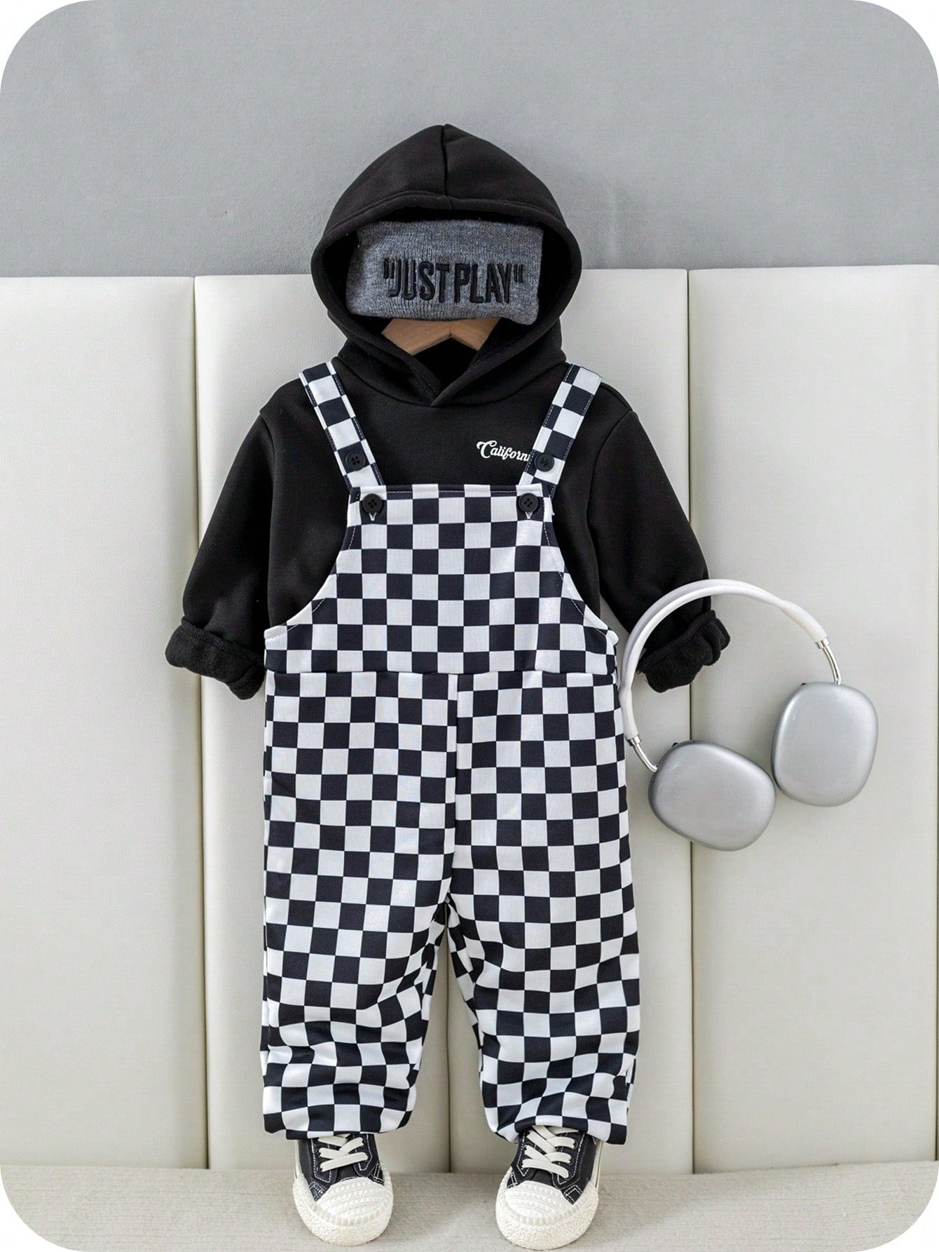 2pcs Baby Boy/Girl Black And White Checkered Autumn Outfit,Street Life Casual Graphic Street Fashion Matching Family Bear Knit Hoodie & Pants Set