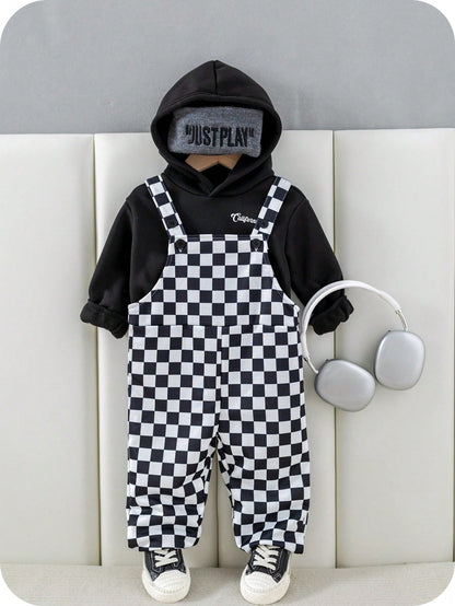2pcs Baby Boy/Girl Black And White Checkered Autumn Outfit,Street Life Casual Graphic Street Fashion Matching Family Bear Knit Hoodie & Pants Set