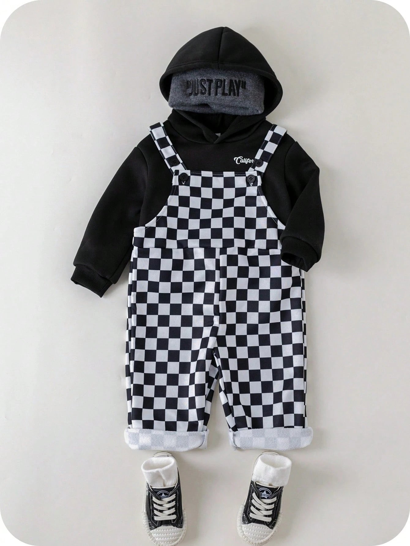 2pcs Baby Boy/Girl Black And White Checkered Autumn Outfit,Street Life Casual Graphic Street Fashion Matching Family Bear Knit Hoodie & Pants Set