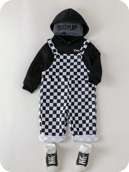 2pcs Baby Boy/Girl Black And White Checkered Autumn Outfit,Street Life Casual Graphic Street Fashion Matching Family Bear Knit Hoodie & Pants Set
