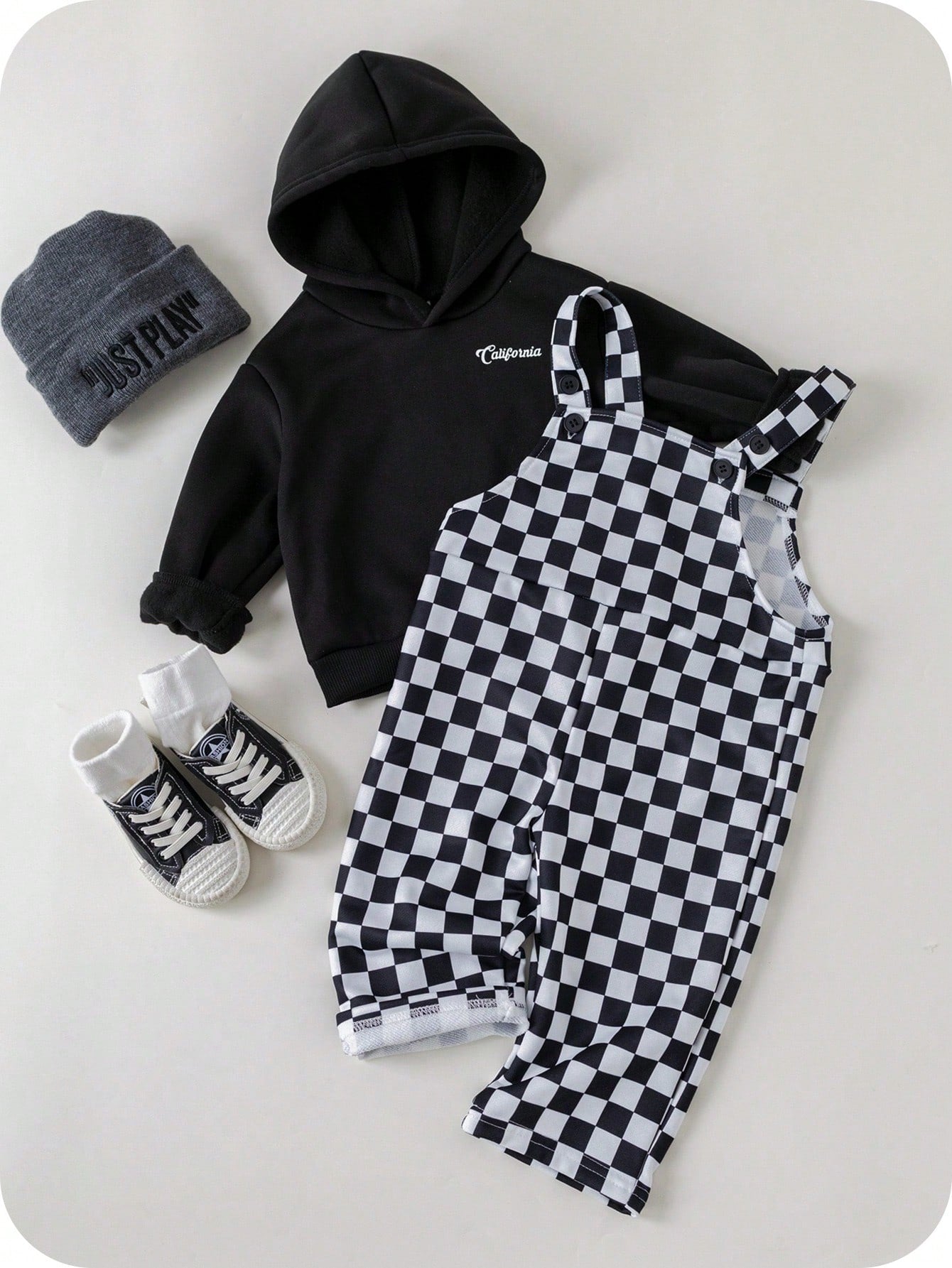 2pcs Baby Boy/Girl Black And White Checkered Autumn Outfit,Street Life Casual Graphic Street Fashion Matching Family Bear Knit Hoodie & Pants Set