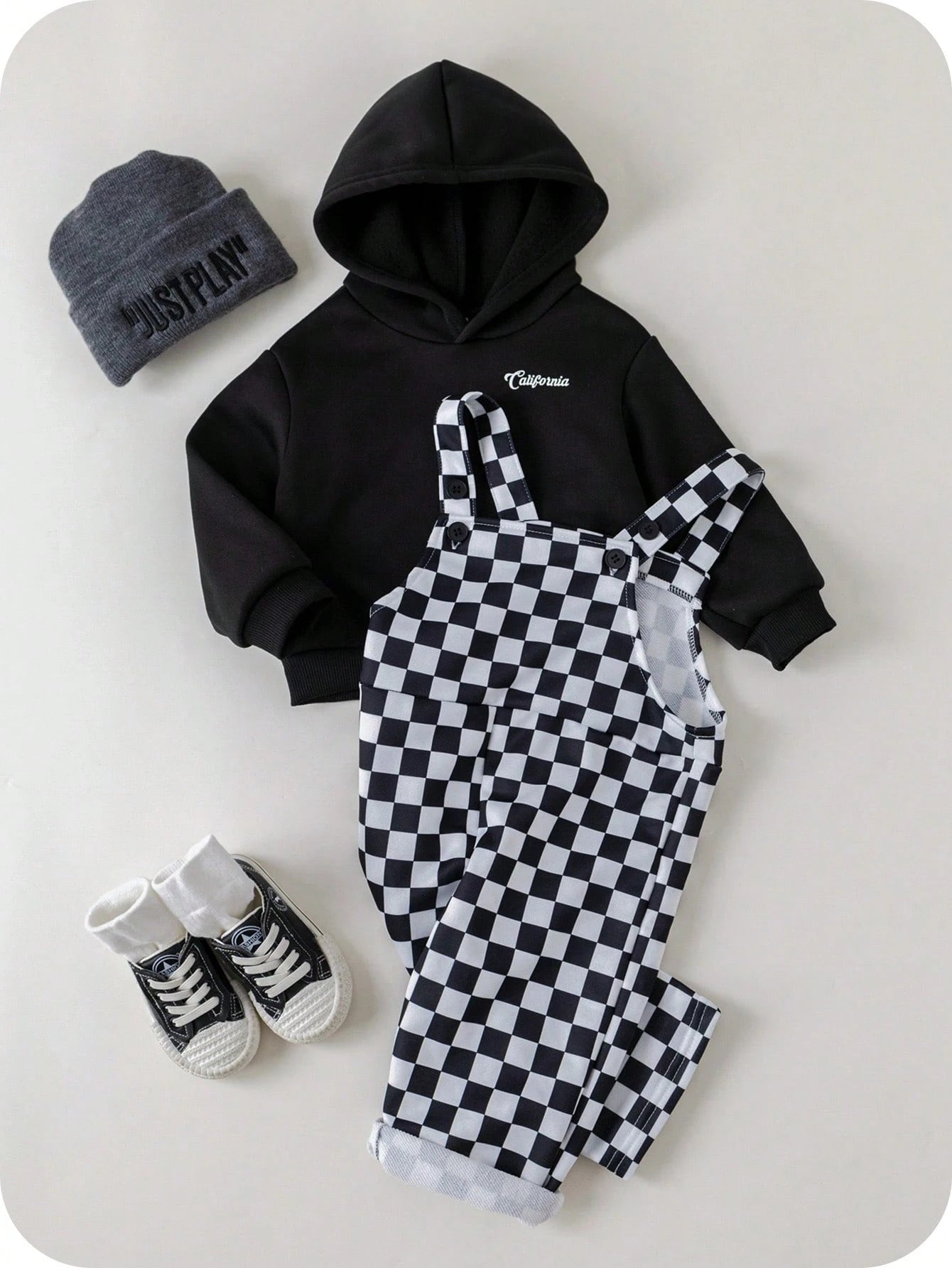 2pcs Baby Boy/Girl Black And White Checkered Autumn Outfit,Street Life Casual Graphic Street Fashion Matching Family Bear Knit Hoodie & Pants Set