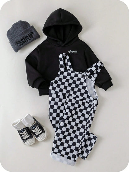 2pcs Baby Boy/Girl Black And White Checkered Autumn Outfit,Street Life Casual Graphic Street Fashion Matching Family Bear Knit Hoodie & Pants Set
