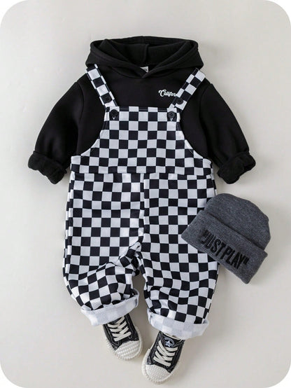 2pcs Baby Boy/Girl Black And White Checkered Autumn Outfit,Street Life Casual Graphic Street Fashion Matching Family Bear Knit Hoodie & Pants Set