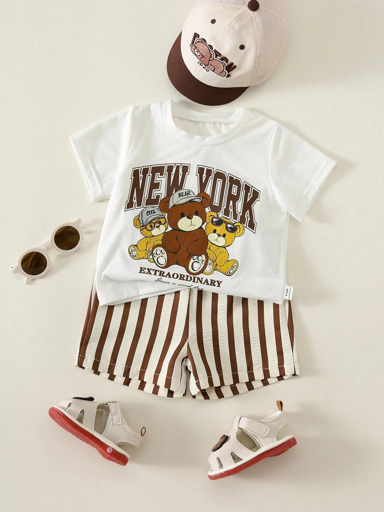 2pcs Baby Boy Summer Casual Cute Bear Pattern Top + Striped Shorts Set, Adorable Outfit, T-Shirt Set, Striped Set, Holiday Set, Children's Day Set