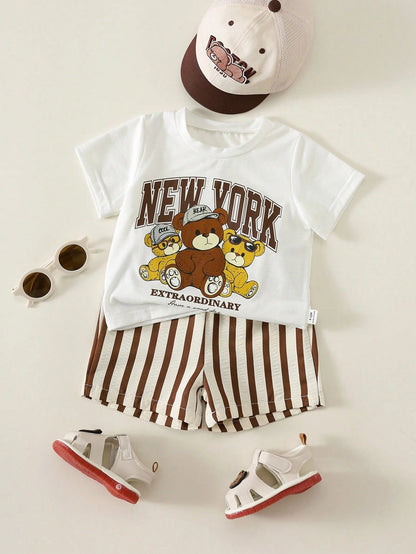 2pcs Baby Boy Summer Casual Cute Bear Pattern Top + Striped Shorts Set, Adorable Outfit, T-Shirt Set, Striped Set, Holiday Set, Children's Day Set