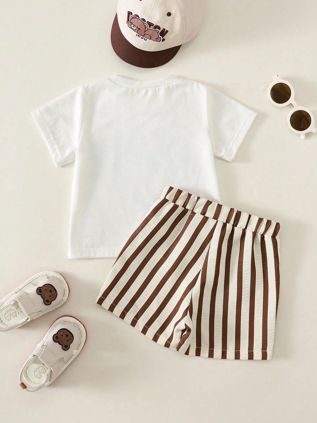 2pcs Baby Boy Summer Casual Cute Bear Pattern Top + Striped Shorts Set, Adorable Outfit, T-Shirt Set, Striped Set, Holiday Set, Children's Day Set