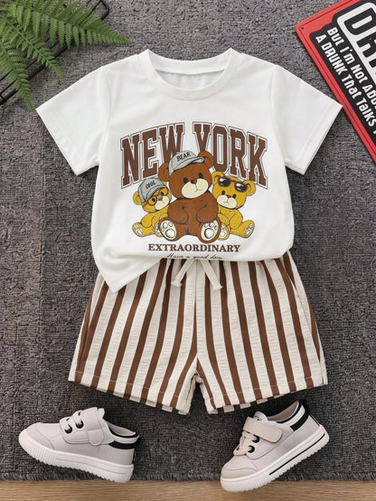 2pcs Baby Boy Summer Casual Cute Bear Pattern Top + Striped Shorts Set, Adorable Outfit, T-Shirt Set, Striped Set, Holiday Set, Children's Day Set