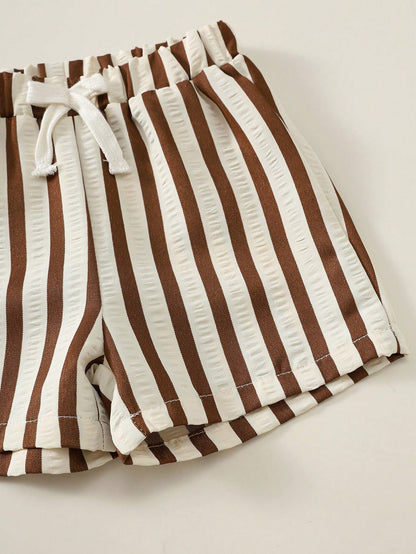 2pcs Baby Boy Summer Casual Cute Bear Pattern Top + Striped Shorts Set, Adorable Outfit, T-Shirt Set, Striped Set, Holiday Set, Children's Day Set