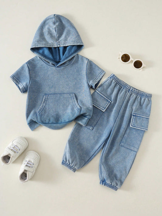 2pcs Baby Boy Summer Casual Hooded Denim Short Sleeve Top And Cargo Denim Pants Knit Denim Set Suitable For Daily Casual, Sports, Back To School