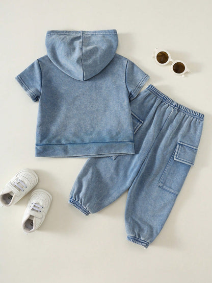 2pcs Baby Boy Summer Casual Hooded Denim Short Sleeve Top And Cargo Denim Pants Knit Denim Set Suitable For Daily Casual, Sports, Back To School