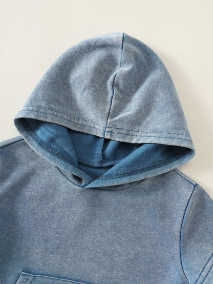 2pcs Baby Boy Summer Casual Hooded Denim Short Sleeve Top And Cargo Denim Pants Knit Denim Set Suitable For Daily Casual, Sports, Back To School