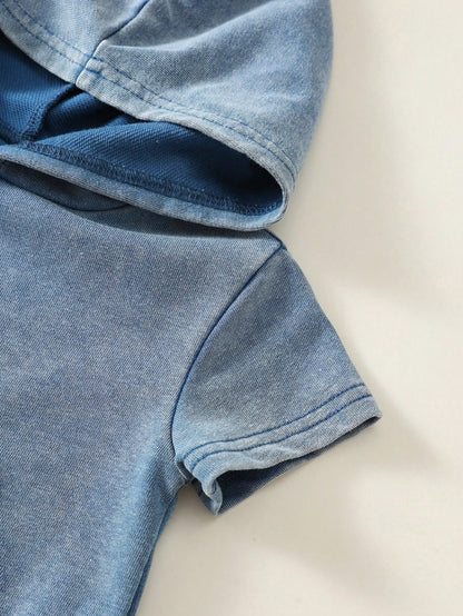 2pcs Baby Boy Summer Casual Hooded Denim Short Sleeve Top And Cargo Denim Pants Knit Denim Set Suitable For Daily Casual, Sports, Back To School